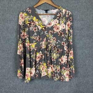 Torrid Babydoll Top Gray Floral Top Sz 1X XL Balloon Sleeve Office Teacher Rayon
